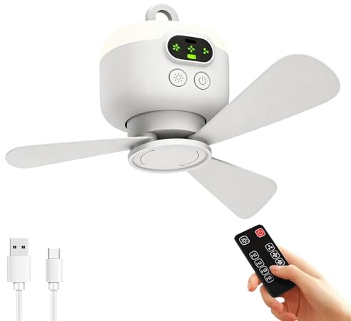 GOMETY Ventilador de camping con luz, 8000 mAh USB recargable, ventilador de techo portátil con mando a distancia, 3 velocidades, ventilador de tienda de campaña LED con gancho para camping y exterior