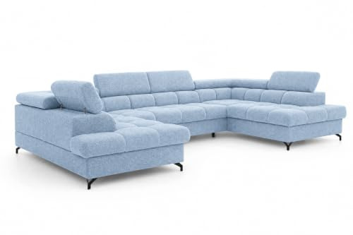 COMFORTINO FURNITURE Ecksofa mit Schlaffunktion Big PASTI U-Form, Sofa Couch mit Bettkasten, 3-Sitzer Eckcouch, Schlafsofa für Wohnzimmer, Big Sofa Couch mit Schlaffunktion (Water Repellent Hellblau)