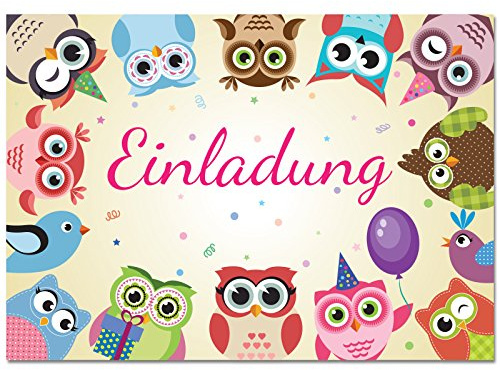 CELEBR8 12 Einladungskarten Kindergeburtstag mit lustigen Eulen und Uhus/Einladungen für Jungen und Mädchen im Set für die Geburtstags-Party