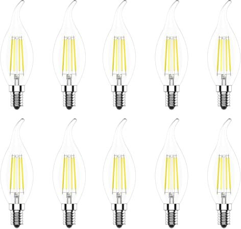 WULUN 10 er Pack E14 Kerze LED Lampe für Kronleuchter, E14 Glühfaden Retrofit Classic, 4W Ersetzt 40W Halogenlampe, 6000K Kaltweiß, 400 Lumen, Filament Fadenlampe, Klar Glas, Nicht Dimmbar