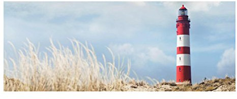Top Maritim Glasbilder Wandbild Kunstdruck 50 x 125 cm, Leuchtturm in den Dünen