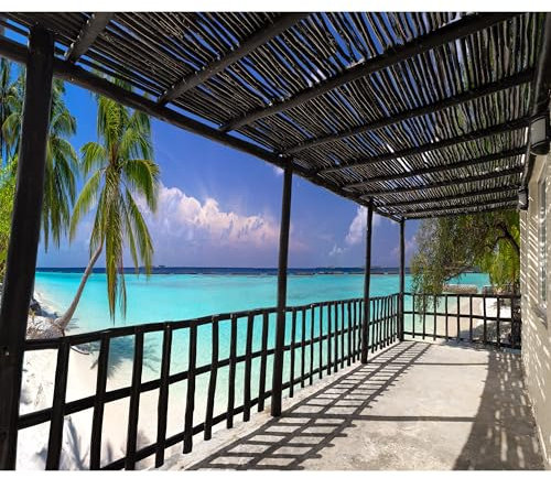 decomonkey Fototapete selbstklebend Meer Landschaft 343x256 cm XL Selbstklebende Tapeten Wand Fototapeten Tapete Wandtapete klebend Klebefolie Strand Tropisch Natur Palmen