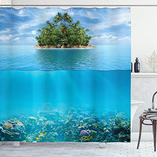 ABAKUHAUS Tropical Rideau de Douche, Petite île dans l'océan, Tissu Ensemble de Décor de Salle de Bain avec Crochets, 175 cm x 220 cm, Aqua Green Forest
