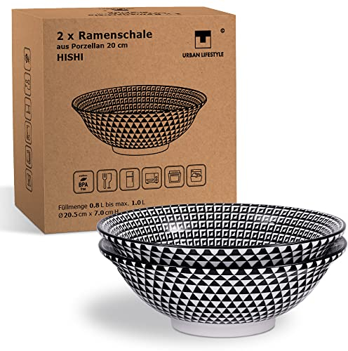 Ramen Schüssel 0,8-1.0 L aus Porzellan 1300°C 2er Set 20cm „Hishi” Suppenschale Salatschüssel Pho Suppe Schüssel Bowl Ramen Nudeln Schüssel Schale Müslischalen Ramen Japanisch