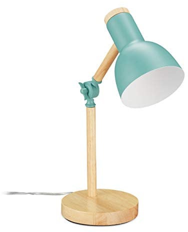 Relaxdays Schreibtischlampe, verstellbare Retro Tischlampe, Holz & Metall, E14, Leselampe, HxD 45,5 x 14,5 cm, mintgrün