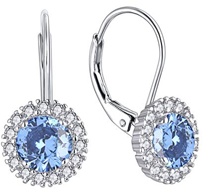JO WISDOM Damen Hängende Ohrringe Runde Silber 925 mit 3A Zirkonia März Geburtsstein Aquamarin Farbe Kristall,Schmuck für Frauen