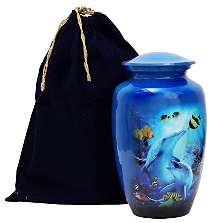 HLC Dolphin Ocean Blue Cremation Urn for Adult Ashes - Handcrafted, Affordable (200 lbs - 10.5 x 6 “)