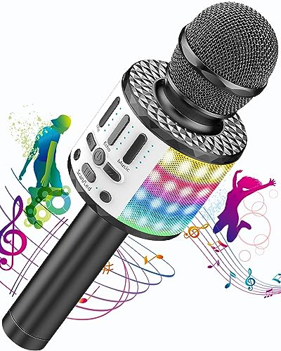 Micros sans Fil Karaoké, Microphone Karaoke Bluetooth avec Lumière Scène, Portable Haut-Parleur pour Enfants/Adultes Fête Chanter Disco KTV Clubs Noël Anniversaire Soiree Idée Cadeau Fille Garcon
