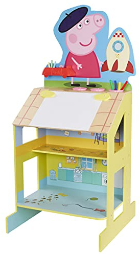 Peppa Pig Wooden Play Easel, 3 areas for play and creative activities; drawing area, chalkboard, and fun 2-story Peppa house.