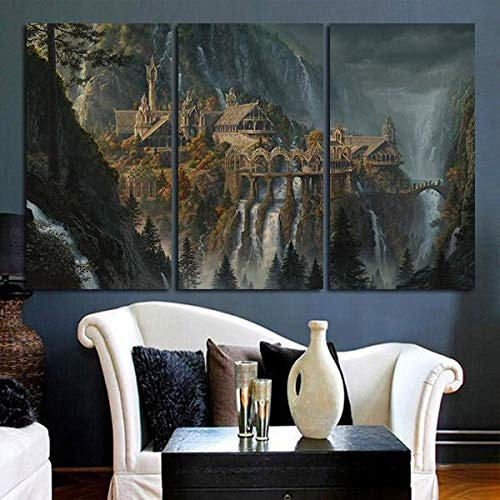 Impression sur toile Château du Seigneur des Anneaux tableau decoration murale chambre，Tableau Multi Panneau 3 Parties -impression sur toile salon，Abstrait HD Imprimé Maison Décor À La Cadre 150x70cm