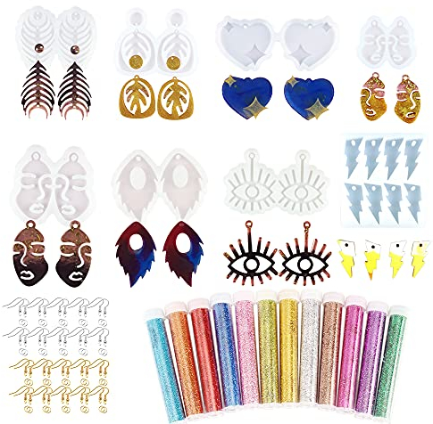 NA Woohome 70 Stück Ohrring Schmuck Silikonform Set, 8 Stück Ohrringe Gießform Resin Form mit Ohrhaken, Sprungringen und Pailletten für Harzschmuck, Anhänger, Harz Handwerk Heimwerken