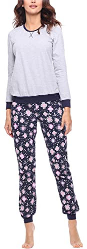 Merry Style Damen Lang Zweiteiliger Schlafanzug aus Baumwolle Pyjama Set Winter MS10-168 (Melange-Blumen, L)