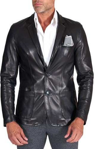D'Arienzo Lederjacke Herren Echtleder schwarz Italienisch Lederblazer mit Zwei knöpfen Echtes Leder Made in Italy Luke
