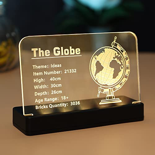 Kyglaring Glowing Clear Acrylic Name Plate with Power Base Designed for Lego Ideas The Globe 21332 Building Set Sign Display