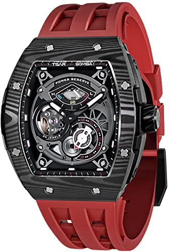 TSAR BOMBA Luxus Herren Automatik Mechanische Uhr-Japanisches Uhrwerk-Saphirglas-50M Wasserdicht Herrenuhr-Quadratische Armbanduhr Silikonarmband Leuchtend Elegante Geschenke für Männer