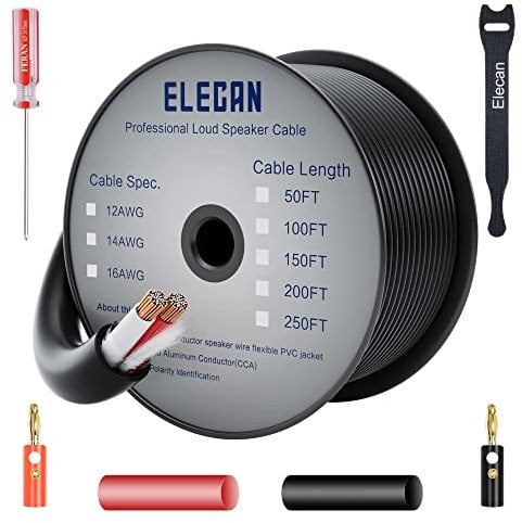 Elecan 12/2 Outdoor Speaker Wire Cable 50 Ft 12 Gauge AWG with Tool Kits-Direct Burial in Wall CL3 CL2 Rated-Pro Series 12AWG 2 Conductors-PVC Jacket& Film& Cotton-for Home Theater&Car Speakers-Black