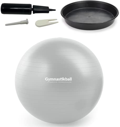 ATC Handels GmbH Gymnastikball Set Ø 45, 55, 65 & 75cm inkl. Stopperschale, Ballpumpe, Ventilöffner und Maßband - Fitness, Therapie und als Sitzball fürs Büro, 55cm, Silber
