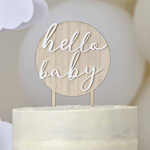 Ginger Ray Hello Baby Wood and Acrylic Baby Shower Cake Topper Decoration, Brown, Cream