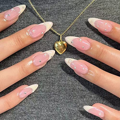 JUSTOTRY 24 Pcs Pearls Short False Nails Stiletto,Beige French Press on Nails Pattern,Diamante Fake Nail Short,Almond Stick on Nail for Women,Nails Fake Nail Medium for Nail Art