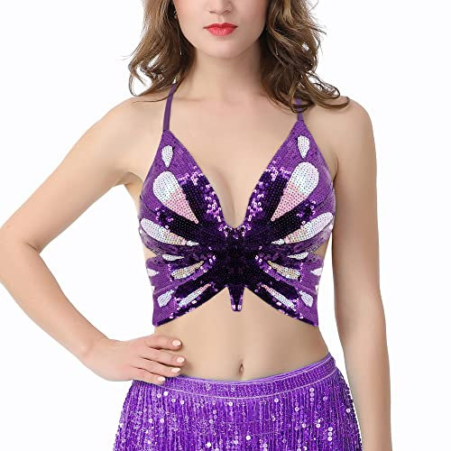 Naimo Canottiera da donna con paillettes a forma di farfalla, con supporto sexy, per danza del ventre, viola., Taglia Unica