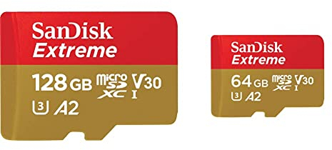 SanDisk Extreme microSDXC UHS-I Speicherkarte 128 GB & Extreme microSDXC UHS-I Speicherkarte 64 GB + Adapter (Für Smartphones, Actionkameras und Drohnen, A2, C10, V30, U3, 170 MB/s, RescuePRO Deluxe)
