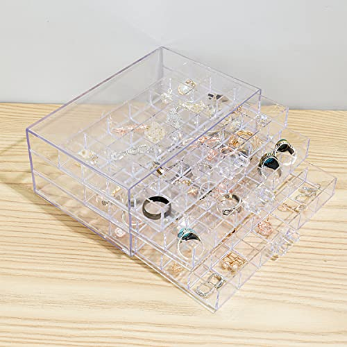 Jinavoty Caja de almacenamiento de aretes, caja de almacenamiento de joyas acrílica, caja organizadora de aretes transparente con 3 cajones, bandeja de 72 compartimentos pequeños para mujeres y niñas
