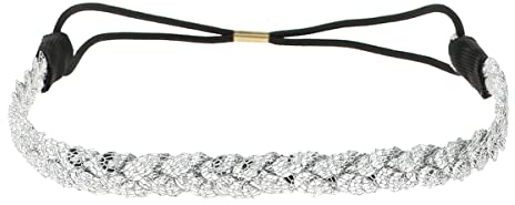 Silbernes Sequin Damen Haarband - Dünnes elastisches Hairband Einheitsgröße - Headband für die Hochzeitsfrisur oder Strass Pailletten Party - Glänzendes Stirnband Look Boho Hippie