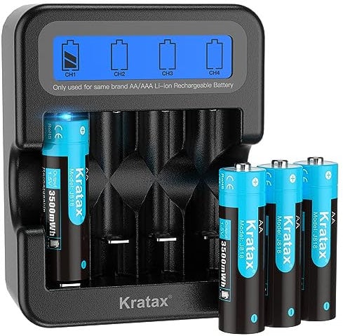 Kratax AA Rechargeable 1.5V Lithium Battery,4 Pack Li-ion AA Batteries with LCD Charger,3500mWh High Capacity,3A High Current Output,1.5V Constant Output,1600Cycles Long Lasting,Home&Office Use