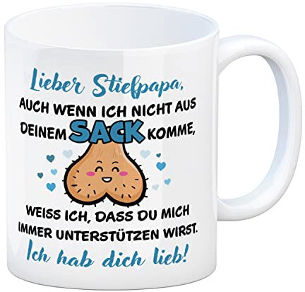 Stiefpapa, ich hab dich lieb Kaffeebecher mit Spruch Auch wenn ich nicht aus deinem Sack komme, weiss ich, dass du mich immer unterstützen wirst Vatertag Tasse Stiefvater