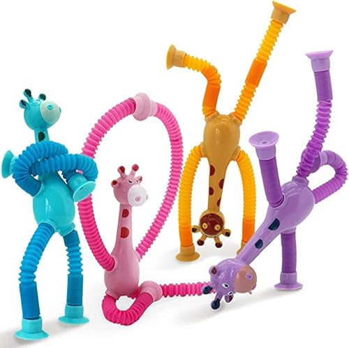 4 Stück Teleskop-Saugnapf-Giraffen-Spielzeug,Telescopic Suction Cup Giraffe Toy,Sensorische Stretch Röhren Bunte,Cartoon Teleskop-Rohr Giraffe Stretch und dekomprimieren neuartige Lernspielzeug