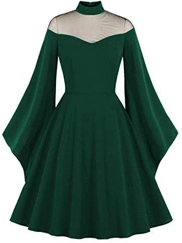 Wellwits Women's Bell Sleeves Medieval Style Gothic Witch Vintage Dress Green L
