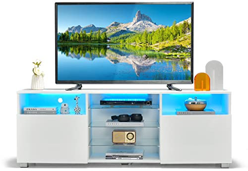 COSTWAY Meuble TV LED, Meuble Télé Lumineux 20 Couleurs, Banc TV avec 2 Placards, 2 Compartiments, Étagères Vitrées, Meuble pour TV 60, Trous de Câbles, pour Salon, Salle, Chambre, Blanc