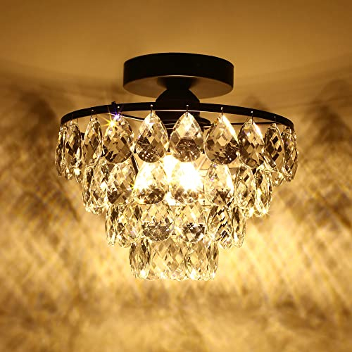 ZenithBeam Mini-Kristall Deckenleuchte, Kleiner moderner Kristall Deckenlampe für Flur,Unterputz-Kristall Deckenleuchte Kronleuchter für Schlafzimmer,Flur,Wohnzimmer (Schwarz)