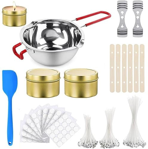 Kerzenherstellung Zubehör,Kerzen Selber Machen Set,Kerzen Gießen Zubehör,Kerzendocht Set,Kerzen Schmelztopf,Dochte für Kerzen Gießen,für die Kerzenherstellung Candle DIY mit Wasserbad Schmelztopf