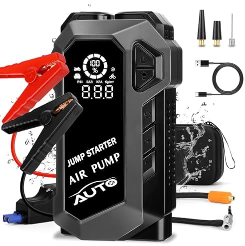 4000A Jump Starter Power Pack with 150PSI Air Compressor, 12V Car Battery Booster Jump Starter (Up to 10L Gas, 8L Diesel Engine), Car Battery Charger Power Bank QC3.0 USB LED Light