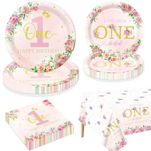 Floral 1st Birthday Party Decorations for 20 Guests, Include Little Miss Onederful Paper Plates, Happy 1st Birthday Tablecloth, Napkins, 1st Birthday Supplies for Girls First Birthday Party Decor