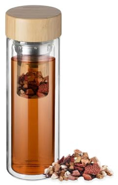 Avilia Tetera portátil de doble pared de cristal con tapa de bambú de 400 ml, tamiz extraíble con asa, conserva el calor, diseño elegante, ideal para viajes