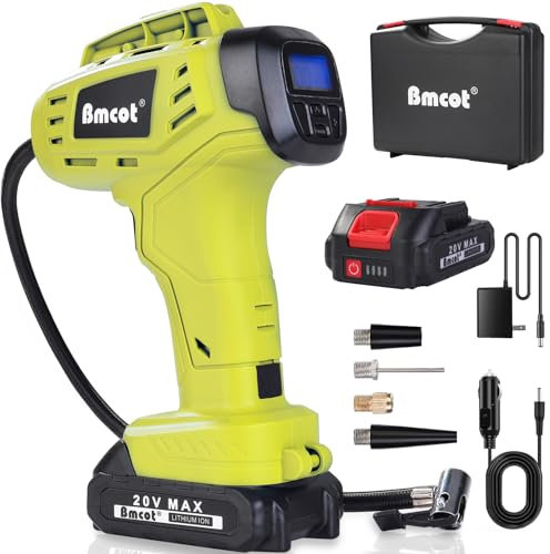 Bmcot Compressore d'aria portatile, 2 volte più veloce, 160 psi, alimentato a batteria ricaricabile da 20 V, con adattatore di alimentazione per auto da 12 V, per auto, moto, e-bike, palline (verde