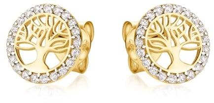 Zarte 14 Karat 585 Kleine Lebensbaum Ohrringe Gelbgold Mit Zirkonia Steinen