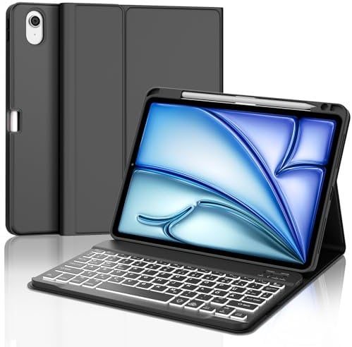 Tastatur für iPad Air 11 2025 M3/2024 M2, 7-Farbige Beleuchtung, Schutzhülle mit Stifthalter, Hülle mit Bluetooth Magnetisch QWERTZ Tastatur für iPad Air 7./6. Generation 11 Zoll M3/M2, Schwarz