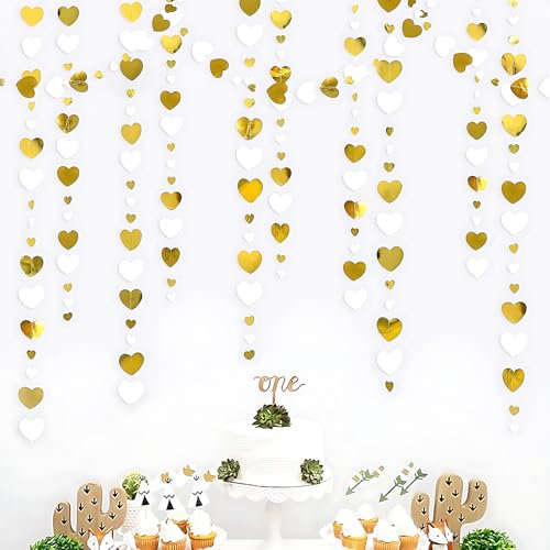 4pcs White and Gold Love Heart Garland Hanging Paper Streamer Banner,Decorations Kit Double Sided Paper for Engagement Anniversary Bridal Shower Wedding Christmas Party Decorations Supplies（52inch）