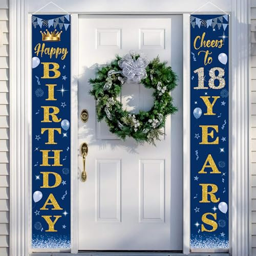 POPOYU 18. Geburtstag Banner Jungen Mädchen,18 Geburtstags Deko Navy blau,Birthday Banner 18. Geburtstagsfeier Dekorationen Hintergrund,Banner Geschenke für Geburtstag Poster Türbanner Veranda Schild