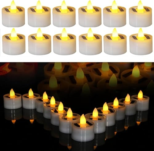 YUNYODA Lot de 12 bougies chauffe-plat LED solaires sans flamme vacillante - Décorations d'extérieur étanches - Allumage automatique - Pour jardin, cour, mariage, Halloween, blanc chaud