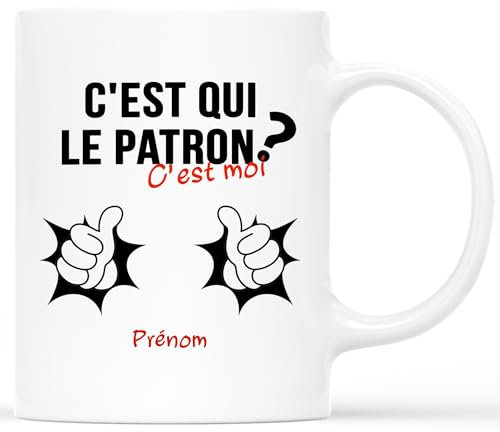 CADEAU PLUS Mug Personnalisé Prénom - C'est Qui Le Patron - Cadeau Humour pour Patron, Tasse Humoristique, Mug Drôle Homme, Directeur, Chef