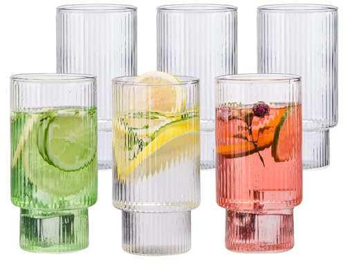 Wlasss Ribbed Drinking Glasses Set of 6, 14oz Water Glasses,Vintage Glass Cups,Clear Glass Tumbler,Ribbed Glassware for Cocktail,Iced Coffee,Juice,Mojito,Decor,Gifts for Dad
