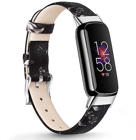 Vancle Lederband, kompatibel mit Fitbit Luxe-Bändern, Lederarmband, verstellbares Armband, Ersatzband für Fitbit Luxe/Luxe, Special Edition, Fitness-Tracker für Damen und Herren, graue Blumen