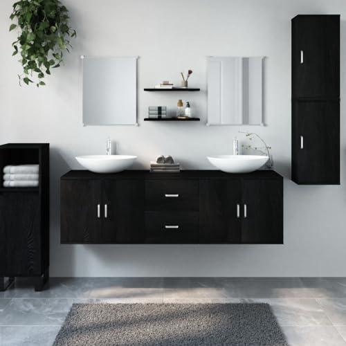 Sufrk Ensemble de meubles de salle de bain 7 pièces Noir en bois multicouche,Ensemble de meubles de salle de bain,Armoire de salle de bains en bois