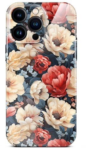 ONEFLOW Flower Cover für iPhone 16 Pro Max Hülle in Floral Optik, Blumen Designer Case Handy Schutzhülle mit Kameraschutz, Hardcase dünne Handyhülle Blumenmuster, Weiß Rot