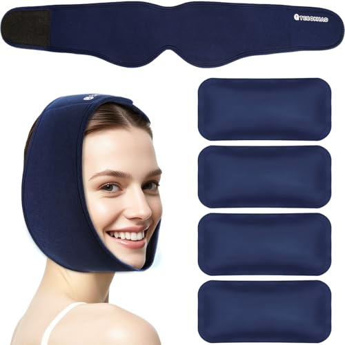 TEBOKHAD Weisheitszahn Kühlkompresse Kühlpads Gesicht, 4 Stück Freihändig Weich Gel Kühlpack, Mit 85x13cm Kühlbandage, Kühlpads WeisheitszähneFür TMJ-Schmerzlinderung & Zahnschmerzen Kieferentspannung