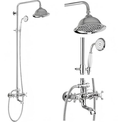 Retro Wasserfall Duscharmatur Badewanne Chrom antik Kit mit ausziehbarer Halterung (100-140 cm) 3 Ausgänge，19.8cm Oberbrause + Handbrause + Badewannenarmatur